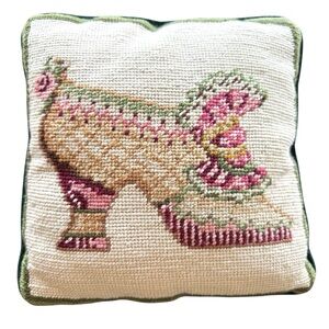 Embroidered Decorative Pillow Victorian  Shoe Home Decor 10” Square Green Velvet